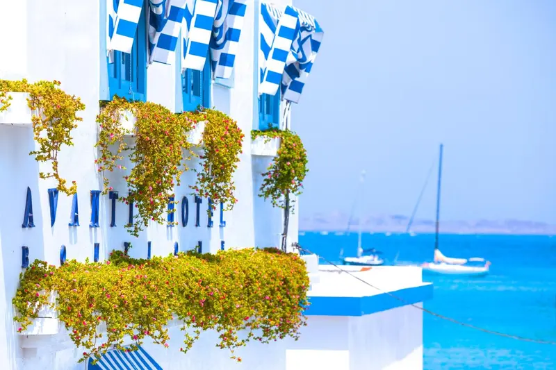 Facade blanche ornée de végétation et de volets bleus, surplombant la mer.