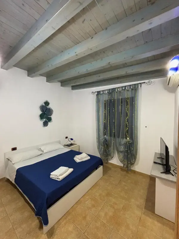 Une chambre à coucher avec un lit fait et une télévision.