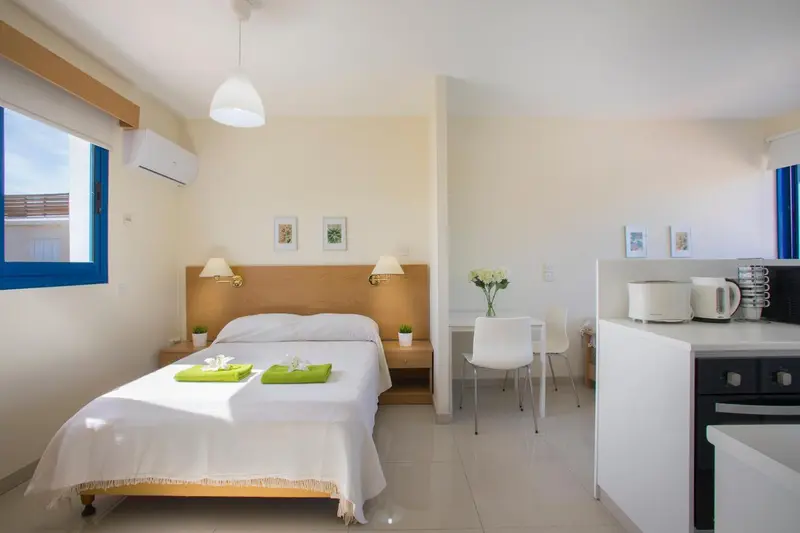 Une chambre lumineuse avec un lit et un coin cuisine.