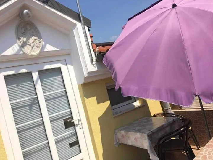 Une terrasse ombragée avec une table et des chaises.