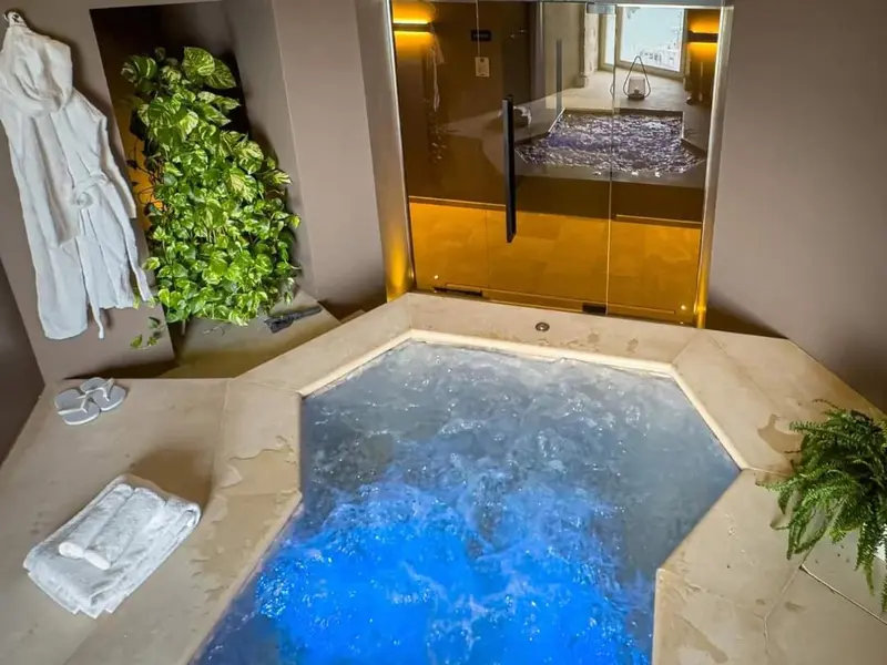 Un jacuzzi intégré dans une salle de bain lumineuse avec des plantes vertes.