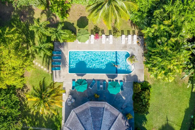 Vue aérienne d'une piscine rectangulaire entourée de chaises longues et de végétation tropicale.