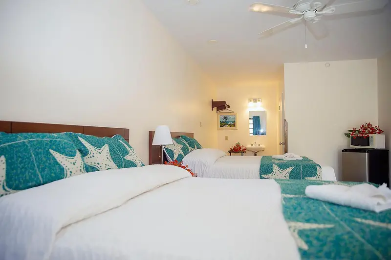 Une chambre lumineuse avec deux lits simples et une décoration marine.