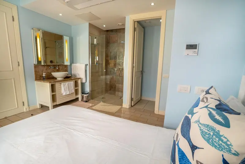 Une salle de bain lumineuse avec douche à l'italienne et vasque sur meuble.