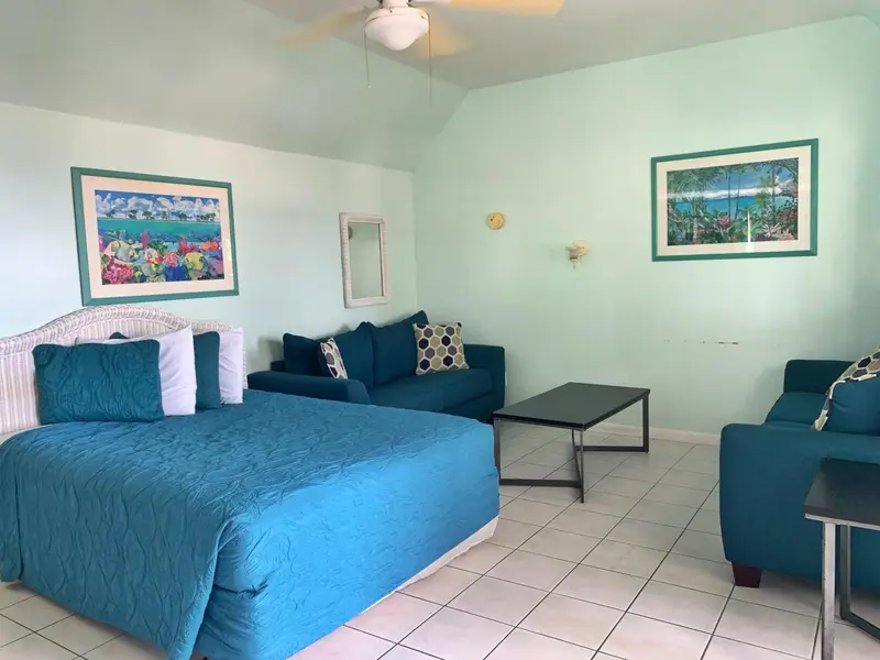 Une chambre lumineuse avec un lit recouvert d'une courtepointe turquoise et un canapé bleu.