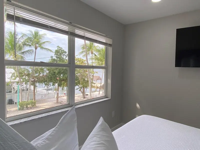 Une chambre lumineuse donne sur une vue tropicale avec des palmiers et la mer.