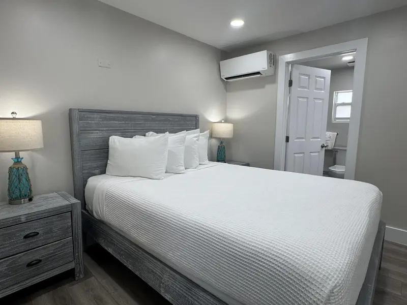 Une chambre lumineuse avec un grand lit et une climatisation.