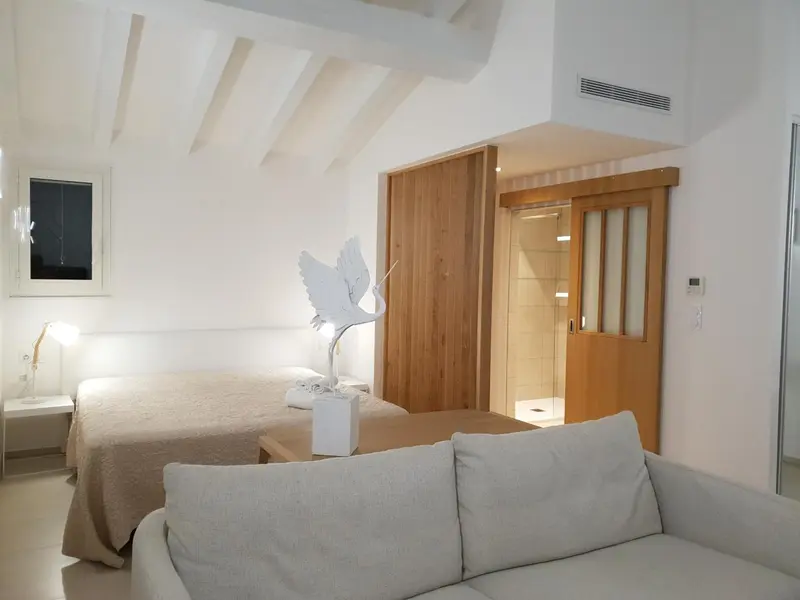 Espace de vie lumineux avec canapé et lit.