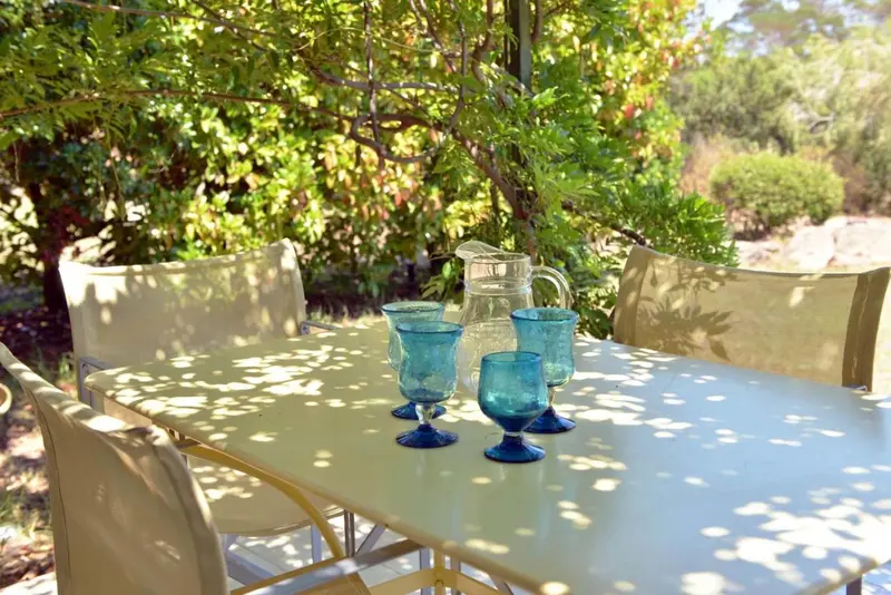 Une table avec des verres et une carafe est mise en scène dans un jardin ombragé.