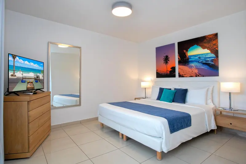 Une chambre lumineuse avec un grand lit et une télévision.