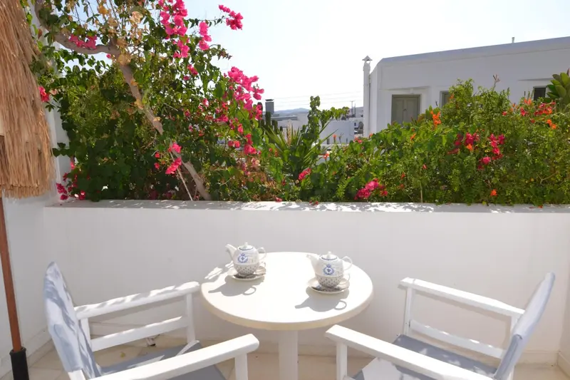 Une table et deux chaises sont disposées sur une terrasse ensoleillée, agrémentée de fleurs colorées.