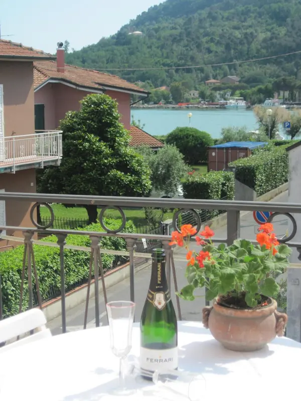 Une table avec des boissons et des fleurs sur un balcon avec vue sur un paysage.