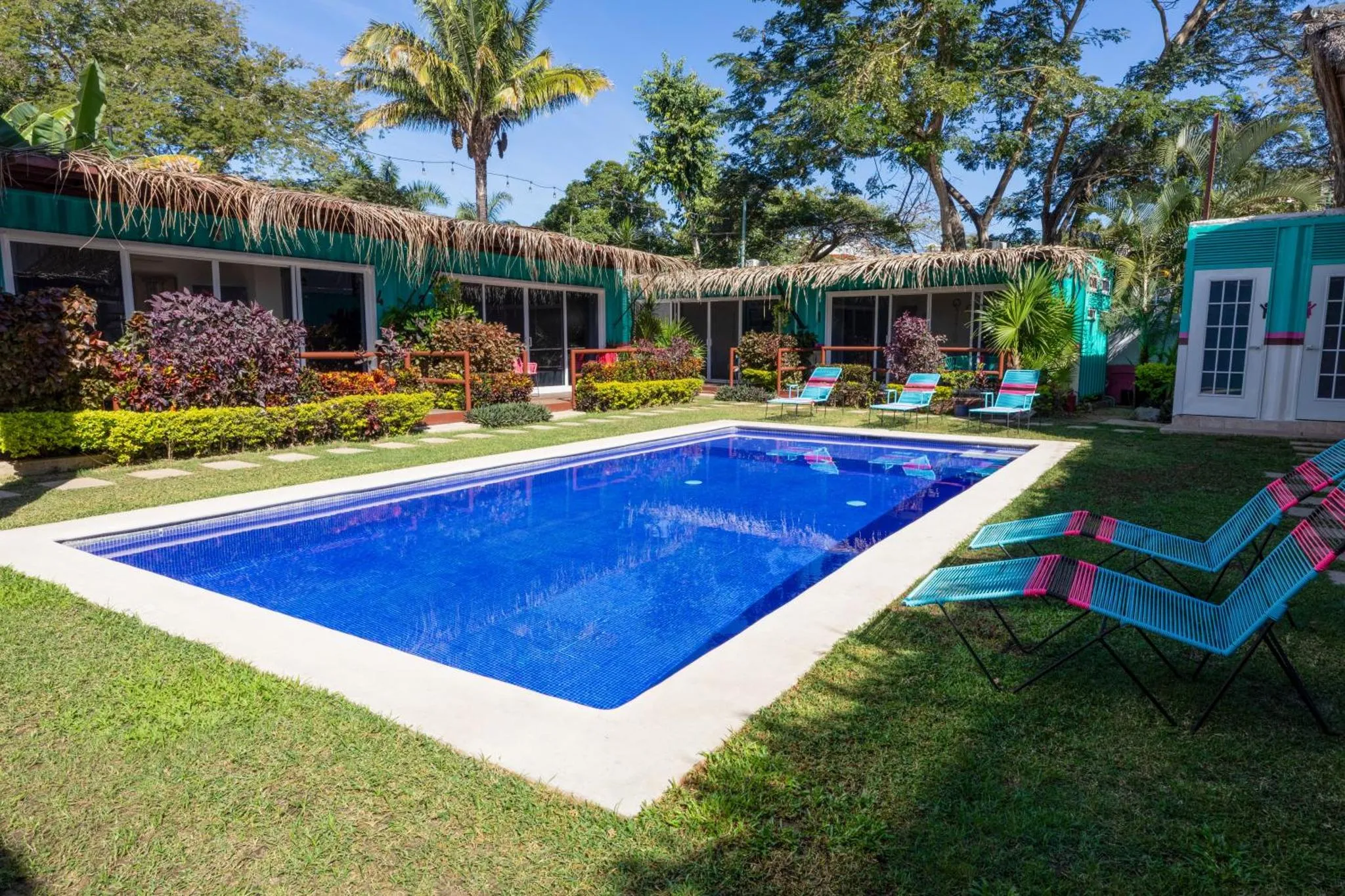 Une piscine rectangulaire bordée de chaises longues dans un jardin tropical.