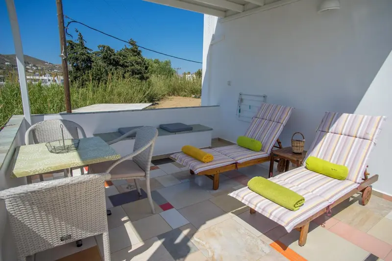 Terrasse avec mobilier de jardin et vue sur la végétation.