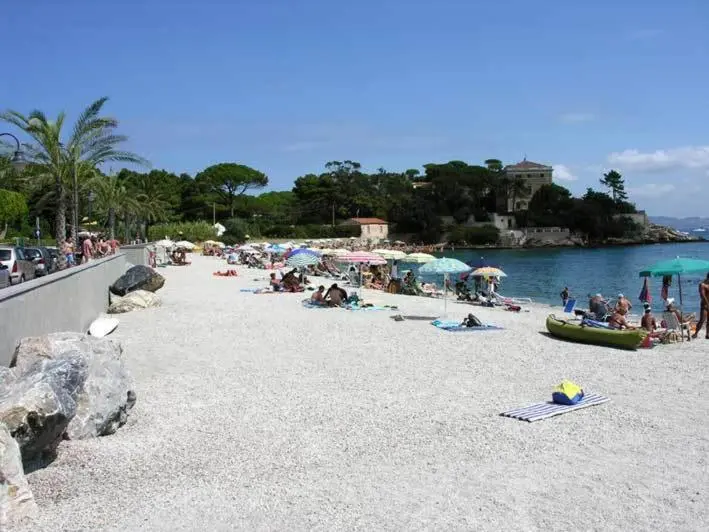 Une plage de galets ensoleillée avec des parasols et des personnes se relaxant.