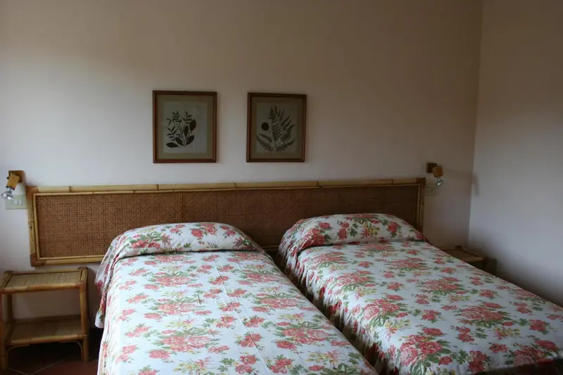 Une chambre avec deux lits simples et une décoration florale.