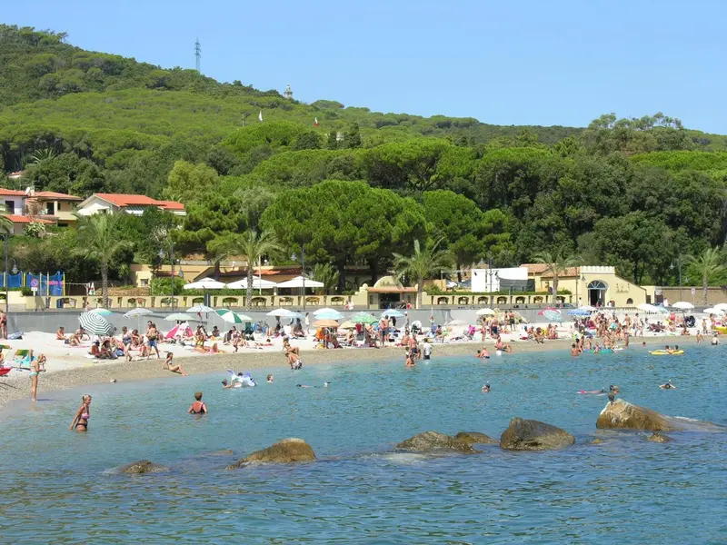 Une plage ensoleillée avec des baigneurs et des parasols.