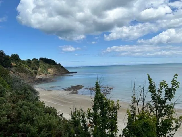 Une plage de sable s'étend au pied de falaises verdoyantes sous un ciel nuageux.