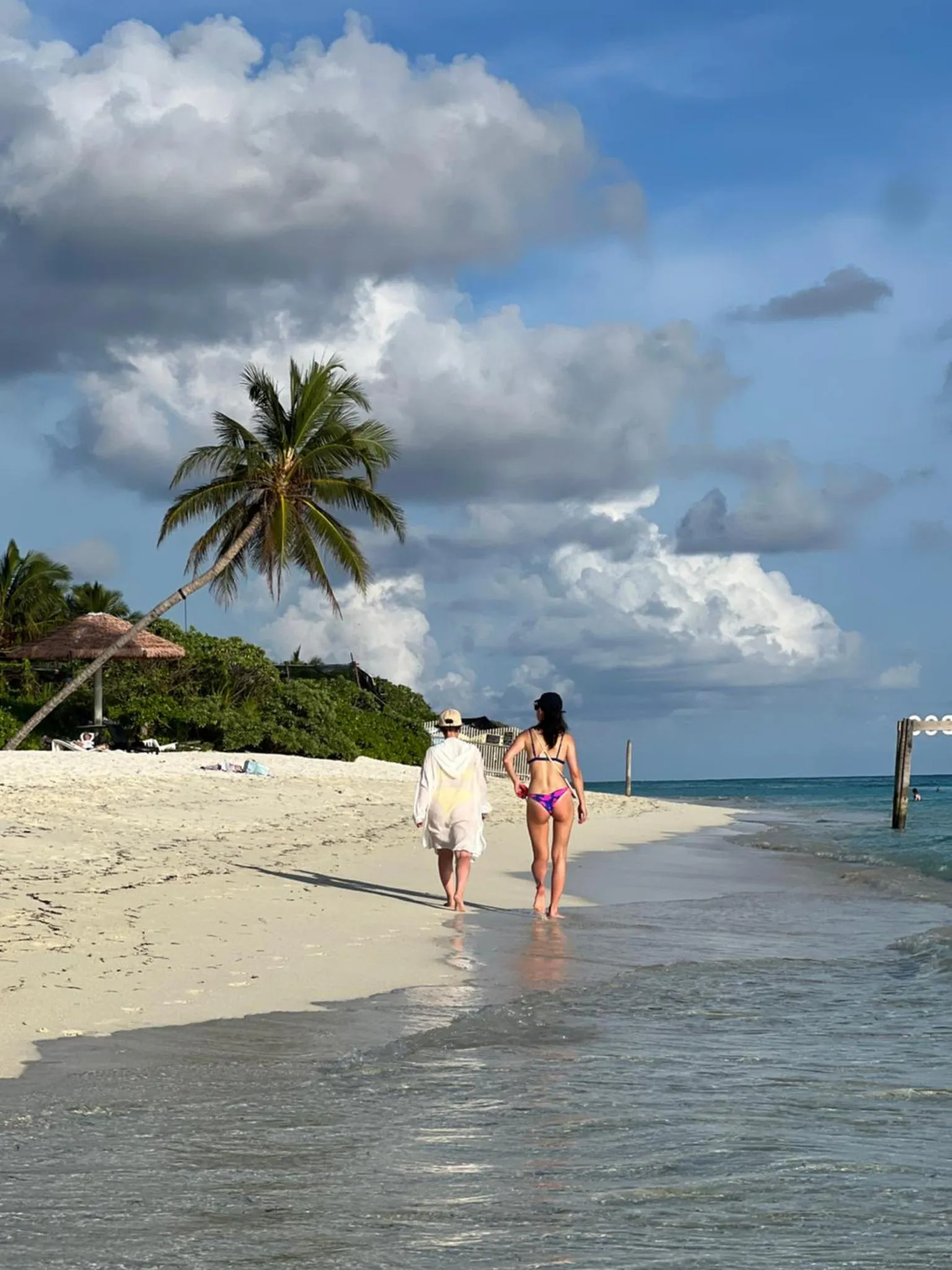 Deux personnes se promènent sur une plage de sable blanc bordée de palmiers.