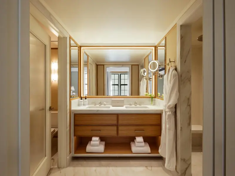 Une salle de bain lumineuse avec un grand miroir et un meuble vasque en bois.