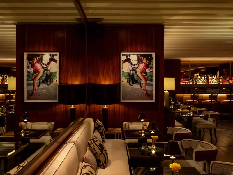 Un espace de détente avec des canapés et des tables basses, éclairé par des lampes et décoré de tableaux.