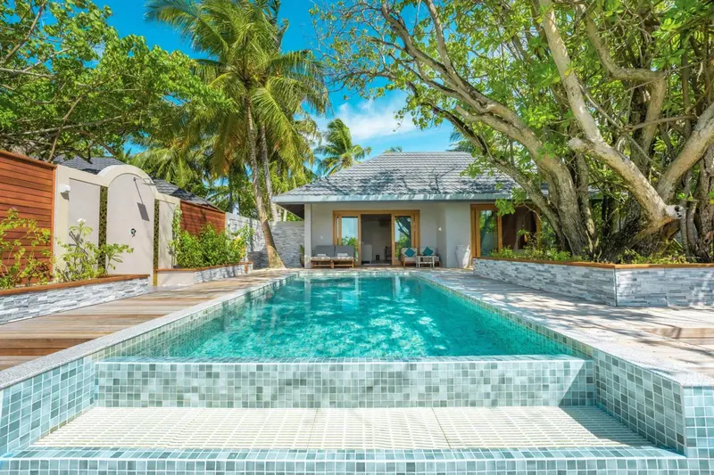 Une piscine rectangulaire turquoise est entourée d'une terrasse en bois et de végétation luxuriante.