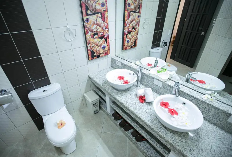 Une salle de bain moderne avec deux vasques et des toilettes.
