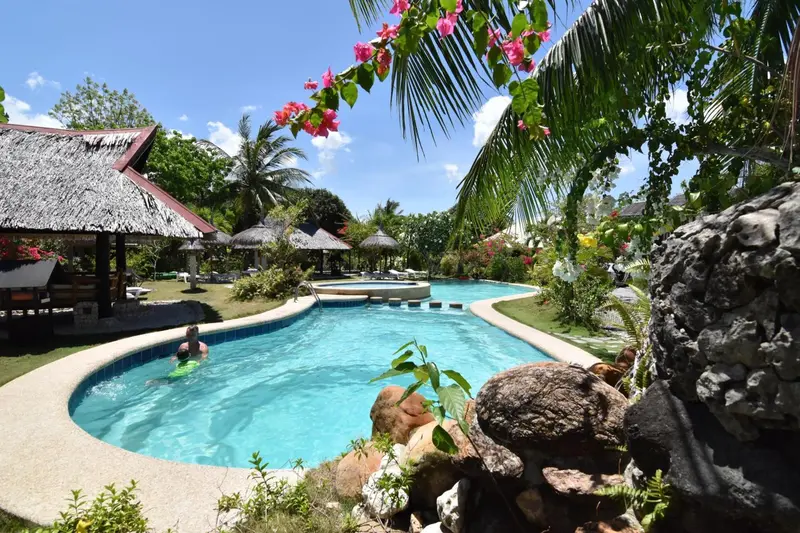 Une piscine sinueuse bordée de végétation luxuriante et de rochers.