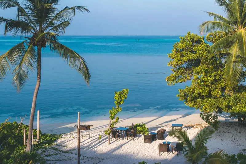 Vue sur une plage de sable blanc bordée de végétation et d'une mer turquoise.