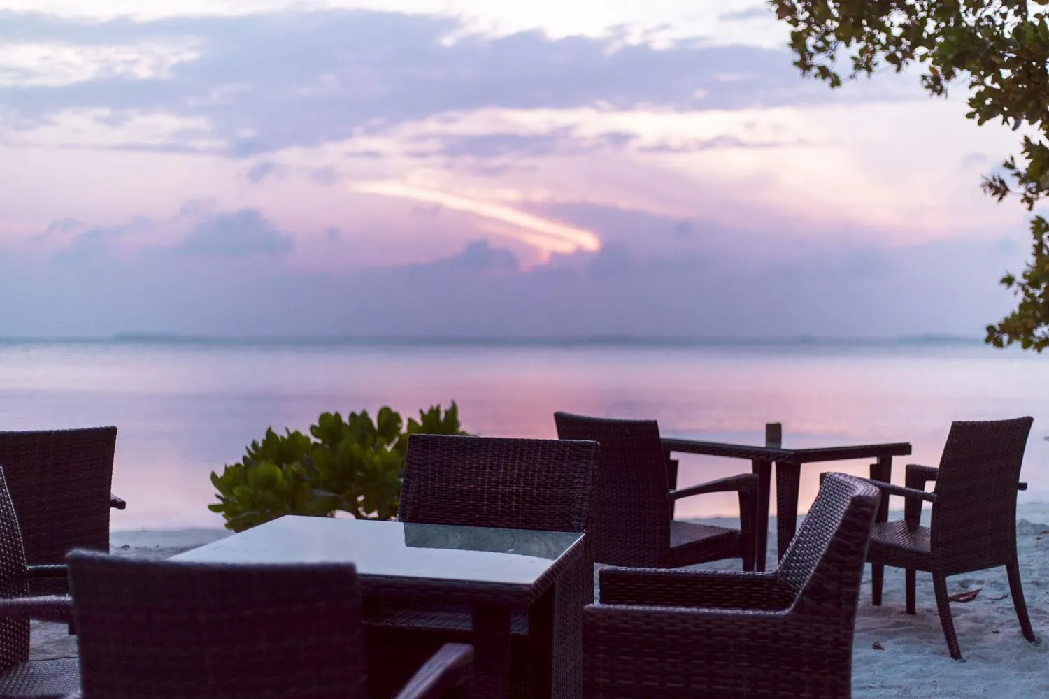 Tables et chaises en osier sur une terrasse face à la mer au coucher du soleil.