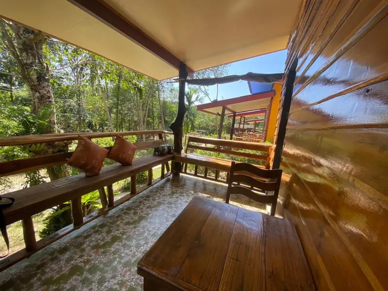 Terrasse en bois avec mobilier de jardin donnant sur une végétation luxuriante.