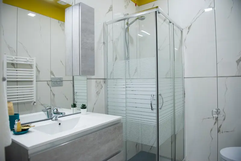 Une salle de bain moderne avec douche à l'italienne et lavabo.