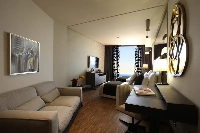 Espace de séjour lumineux avec canapé et chambre à coucher.