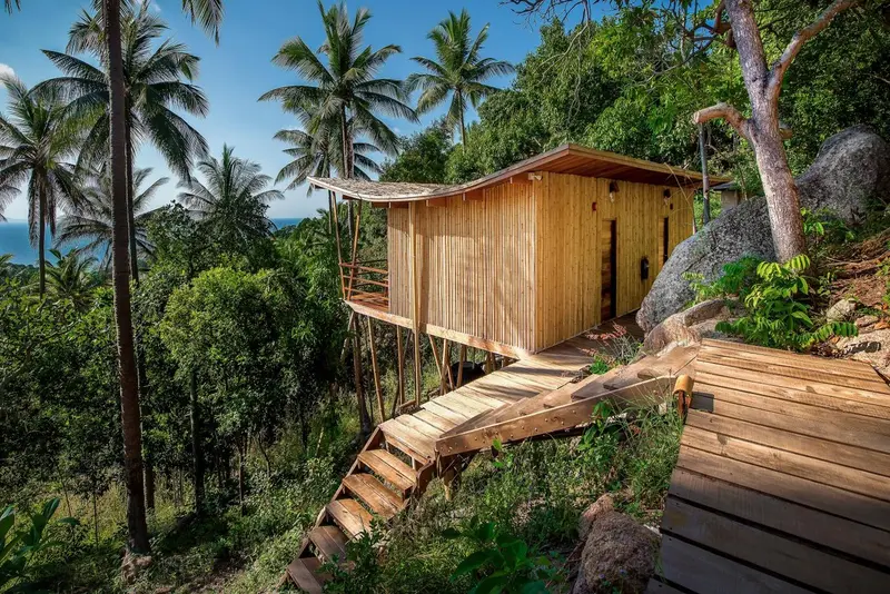 Une cabane en bois sur pilotis s'élève au milieu d'une végétation luxuriante.