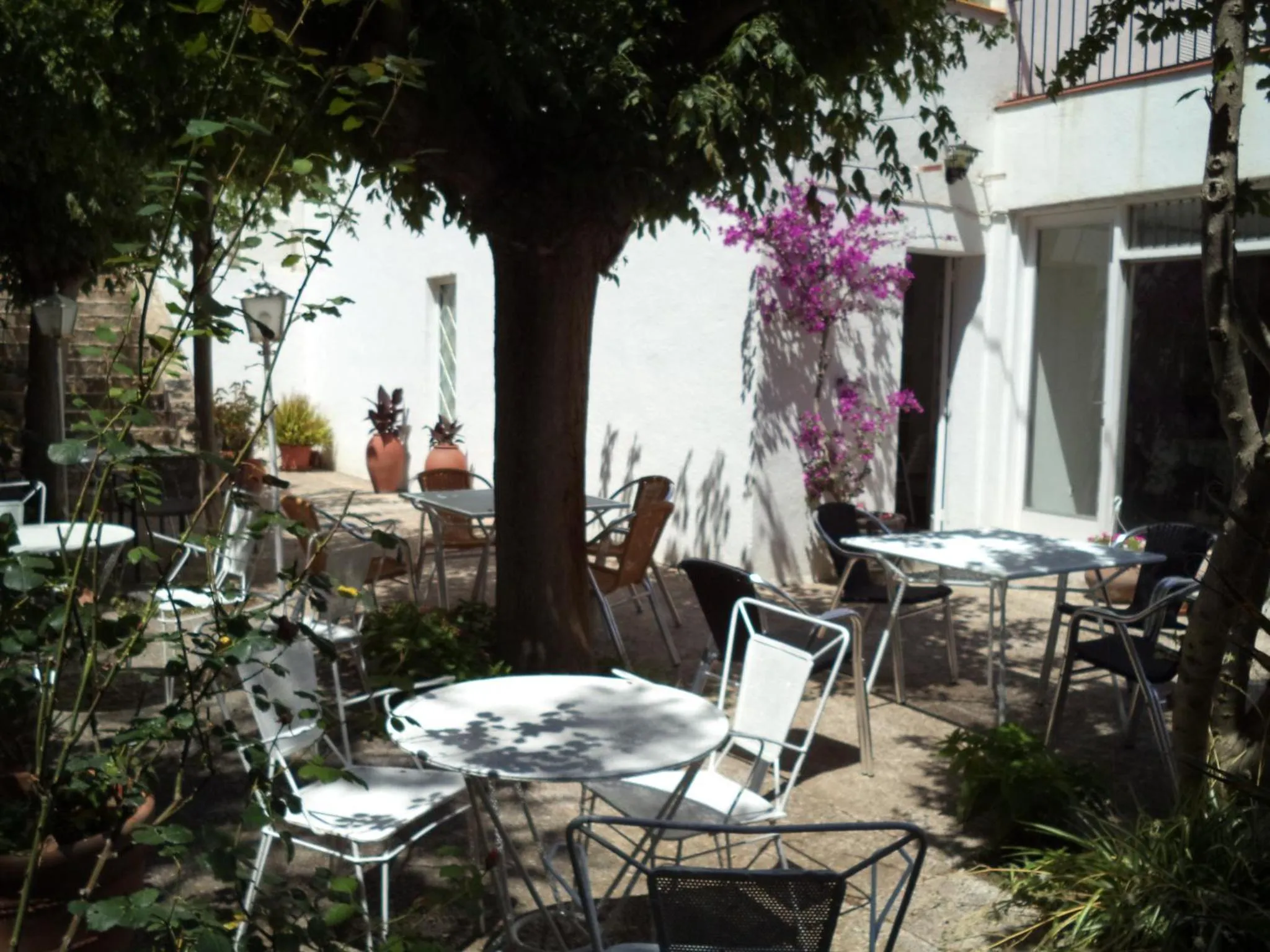 Tables et chaises blanches disposées sur une terrasse ombragée par des arbres.