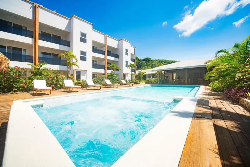 Une piscine rectangulaire avec un jacuzzi intégré, entourée de chaises longues et de végétation luxuriante.