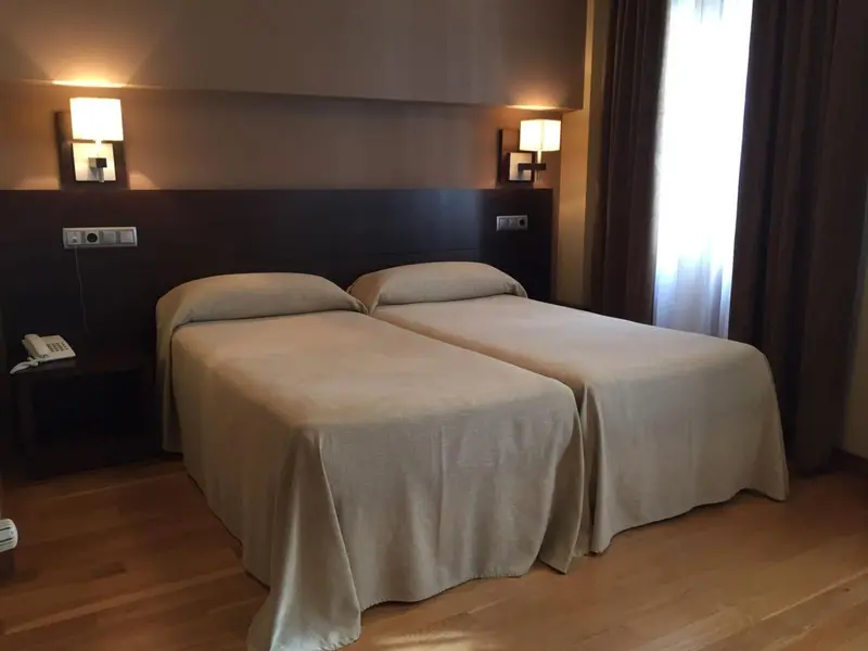 Une chambre avec deux lits simples et des lampes de chevet.