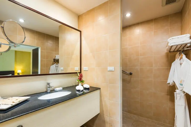 Une salle de bain moderne avec une douche à l'italienne et un grand miroir.