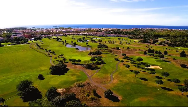 Vue aérienne d'un terrain de golf verdoyant avec la mer en arrière-plan.