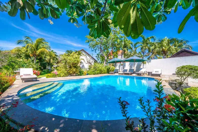 Une piscine turquoise bordée de végétation luxuriante et de chaises longues.