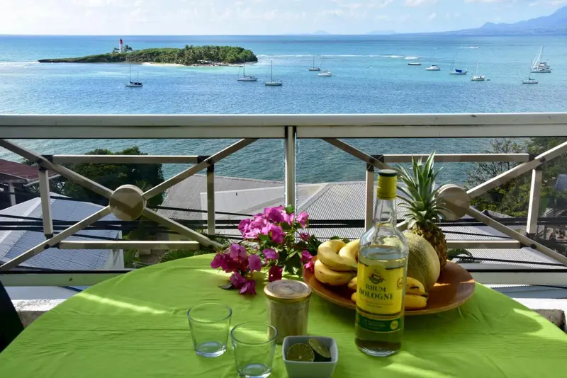 Une table verte avec des fruits et des boissons est mise en scène sur une terrasse avec vue sur la mer.