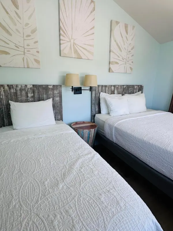 Une chambre lumineuse avec deux lits simples et des décorations murales.