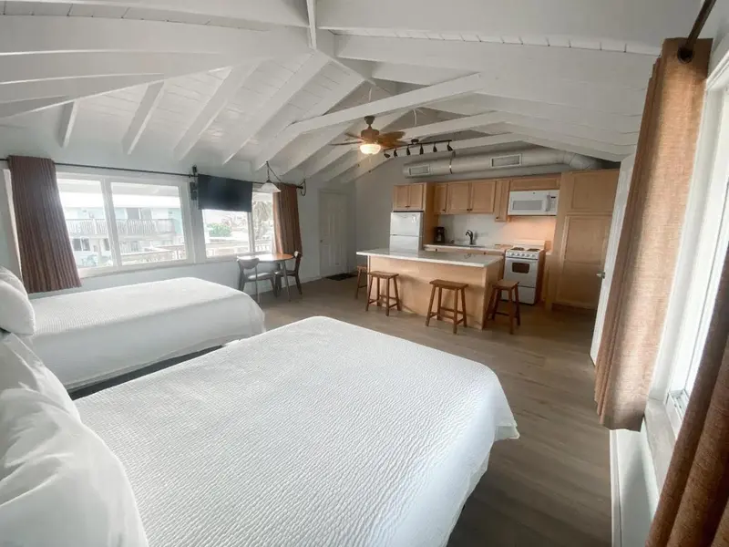 Une chambre lumineuse avec un espace cuisine et un coin repas.