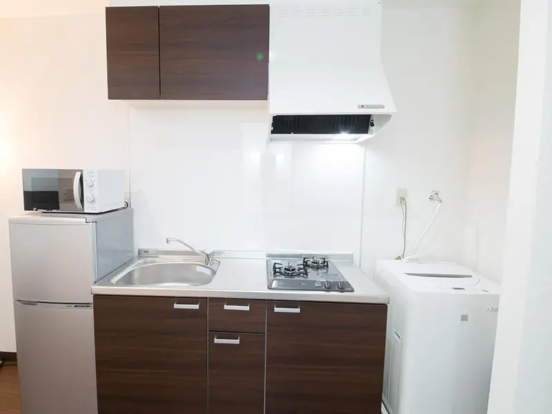 Une kitchenette équipée avec un évier, des plaques de cuisson et un micro-ondes.