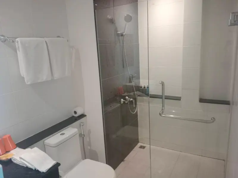 Une salle de bain claire avec douche à l'italienne et toilettes.