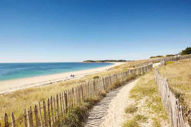 Une plage de sable fin bordée d'une végétation sèche et d'une clôture en bois.
