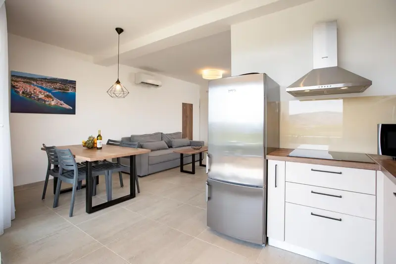 Une cuisine moderne s'ouvre sur un espace de vie avec canapé et table à manger.