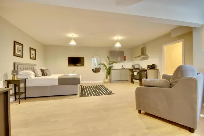 Une chambre lumineuse avec un coin salon et une kitchenette.