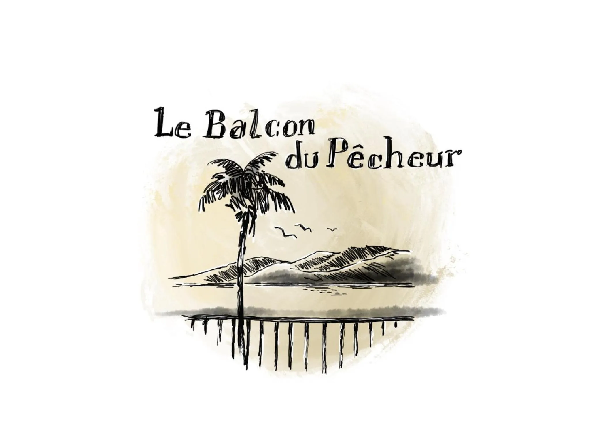 Illustration d'un balcon avec une vue sur la mer et un palmier.