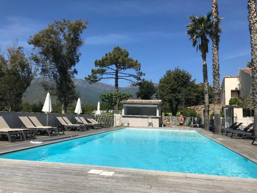 Une piscine rectangulaire bordée d'une terrasse en bois avec des transats.